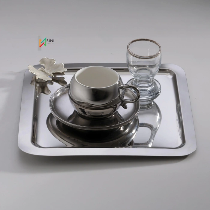 Beyaz Kelebek Aksesuarlı Paslanmaz Çelik 6 Adet Kare Gümüş Sunum Servis Tepsisi