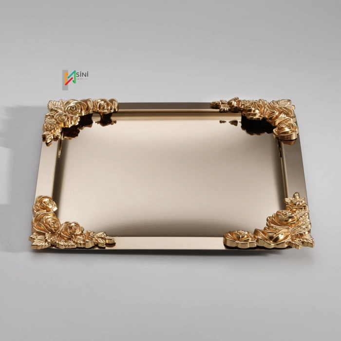 Köşe Üçlü Gül Aksesuarlı Paslanmaz Çelik 6 Adet Kare Gold Sunum Servis Tepsisi