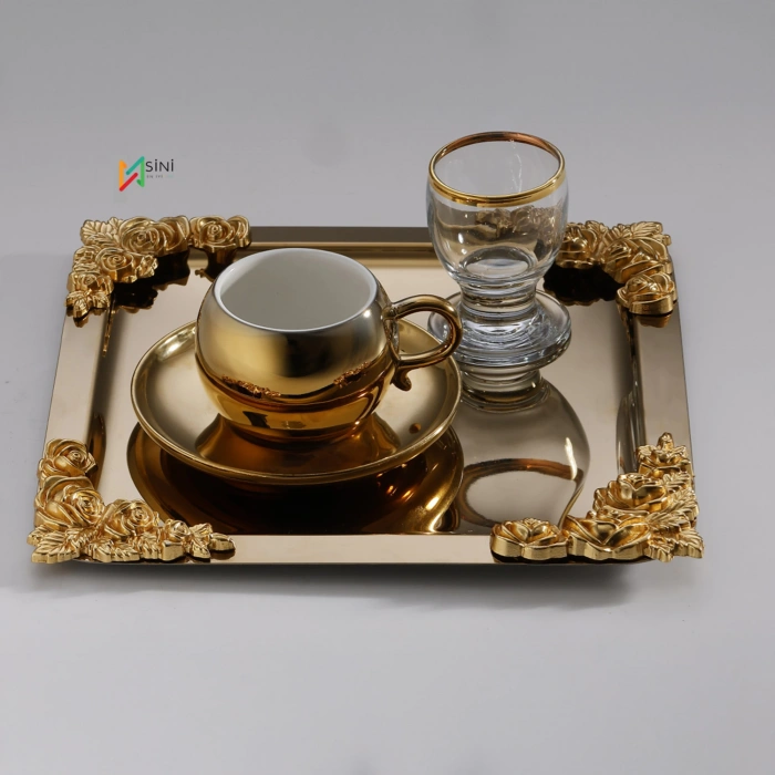 Köşe Üçlü Gül Aksesuarlı Paslanmaz Çelik 6 Adet Kare Gold Sunum Servis Tepsisi