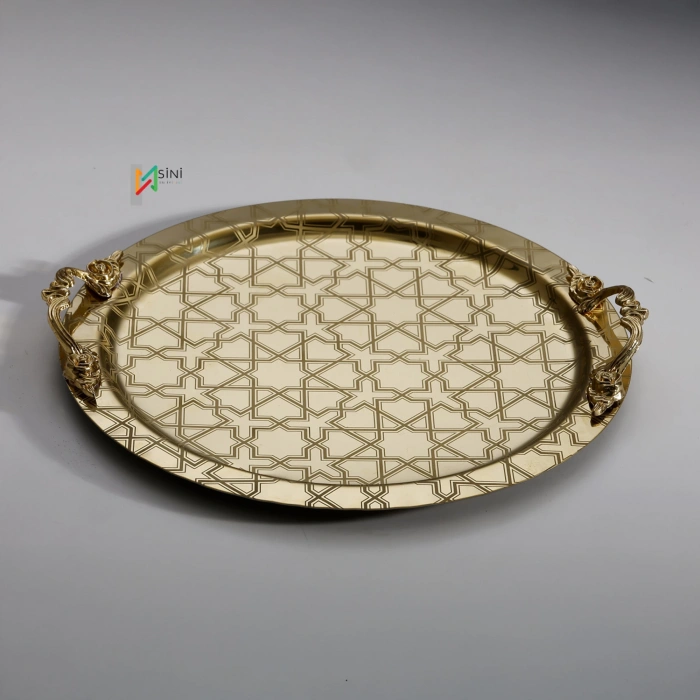 Kulp Aksesuarlı Paslanmaz Çelik 6 Adet Yuvarlak Desenli Gold AD-26 Sunum Servis Tepsisi