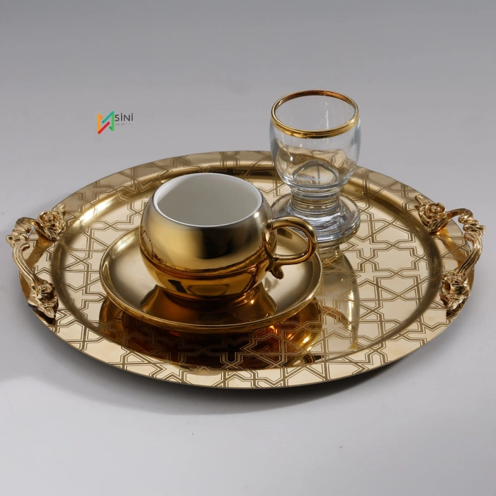 Kulp Aksesuarlı Paslanmaz Çelik 6 Adet Yuvarlak Desenli Gold AD-26 Sunum Servis Tepsisi