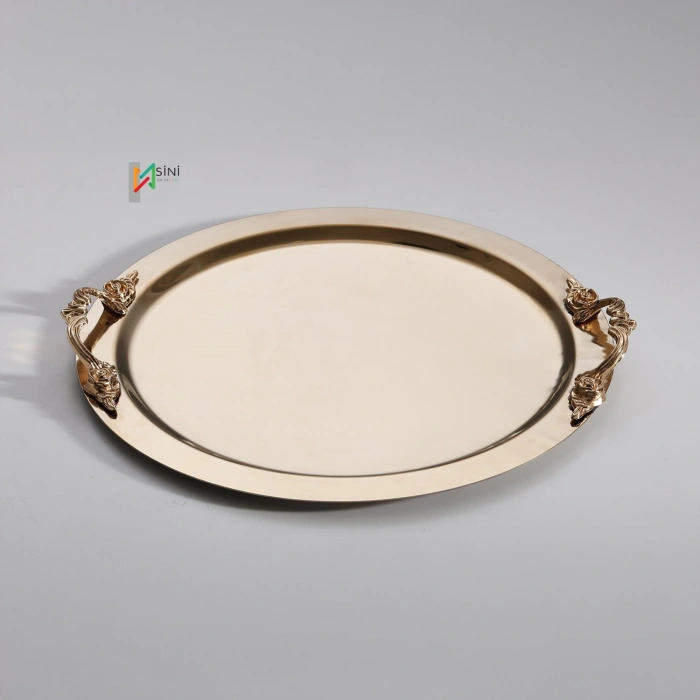 Kulp Aksesuarlı Paslanmaz Çelik 6 Adet Yuvarlak Gold Sunum Servis Tepsisi