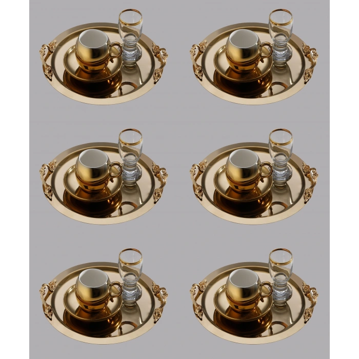 Kulp Aksesuarlı Paslanmaz Çelik 6 Adet Yuvarlak Gold Sunum Servis Tepsisi