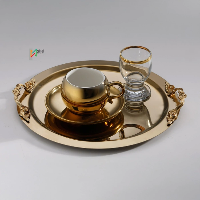 Kulp Aksesuarlı Paslanmaz Çelik 6 Adet Yuvarlak Gold Sunum Servis Tepsisi