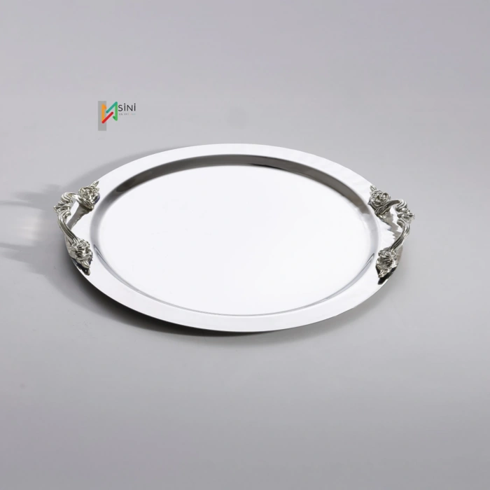 Kulp Aksesuarlı Paslanmaz Çelik 6 Adet Yuvarlak Gümüş Sunum Servis Tepsisi