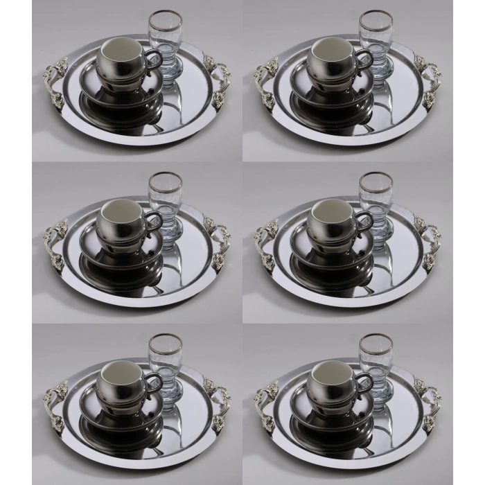 Kulp Aksesuarlı Paslanmaz Çelik 6 Adet Yuvarlak Gümüş Sunum Servis Tepsisi