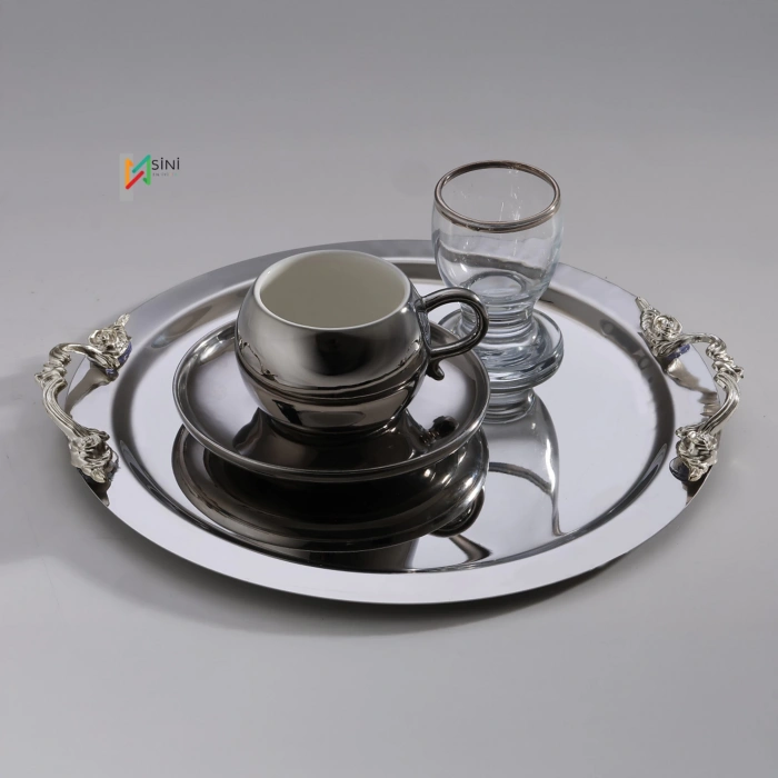 Kulp Aksesuarlı Paslanmaz Çelik 6 Adet Yuvarlak Gümüş Sunum Servis Tepsisi