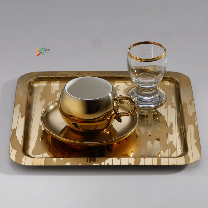 Paslanmaz Çelik 6 Adet Kare Desenli Gold AD-20 Sunum Servis Tepsisi