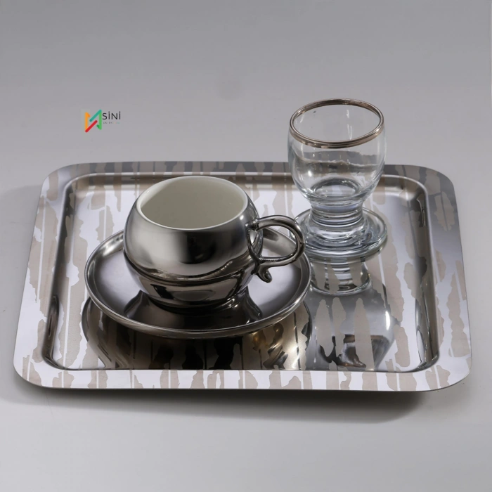 Paslanmaz Çelik 6 Adet Kare Desenli Gümüş AD-20 Sunum Servis Tepsisi