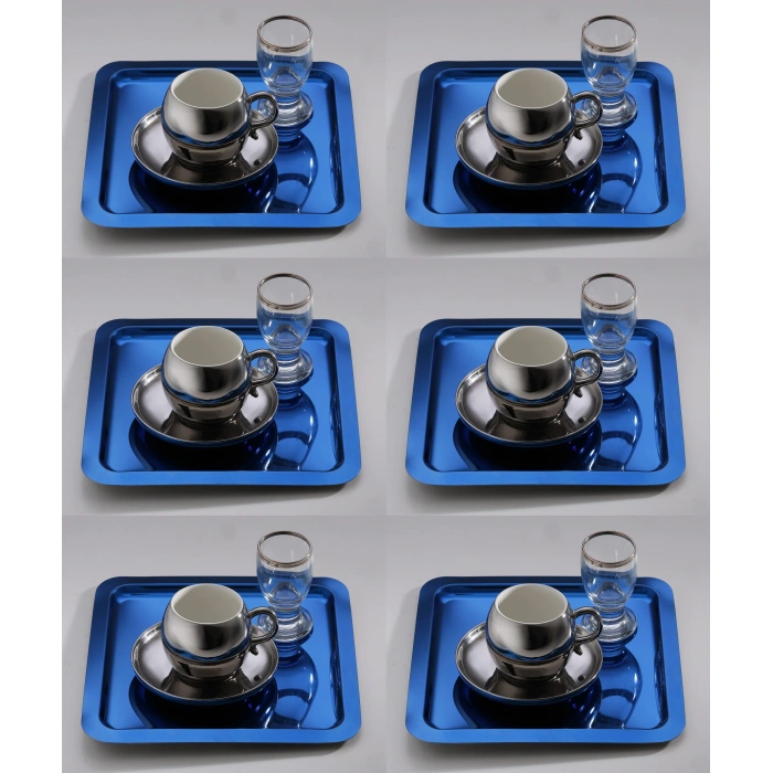 Paslanmaz Çelik 6 Adet Kare Mavi Sunum Servis Tepsisi