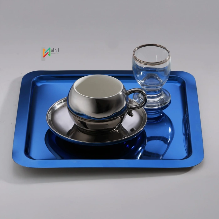 Paslanmaz Çelik 6 Adet Kare Mavi Sunum Servis Tepsisi