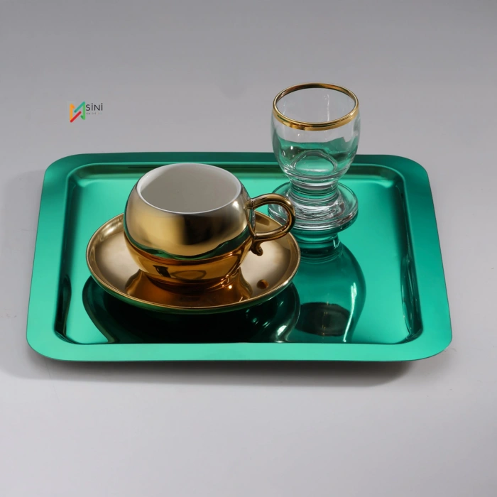 Paslanmaz Çelik 6 Adet Kare Yeşil Sunum Servis Tepsisi