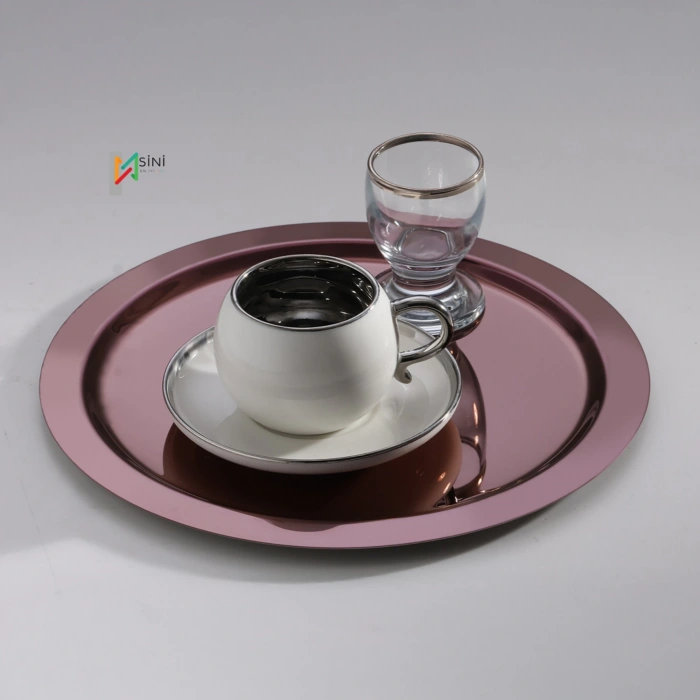 Paslanmaz Çelik 6 Adet Yuvarlak Bakır Sunum Servis Tepsisi