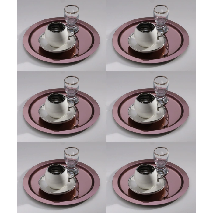 Paslanmaz Çelik 6 Adet Yuvarlak Bakır Sunum Servis Tepsisi