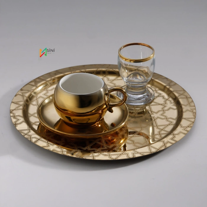 Paslanmaz Çelik 6 Adet Yuvarlak Desenli Gold AD-26 Sunum Servis Tepsisi