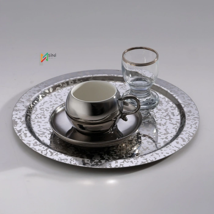 Paslanmaz Çelik 6 Adet Yuvarlak Desenli Gümüş AD-08 Sunum Servis Tepsisi