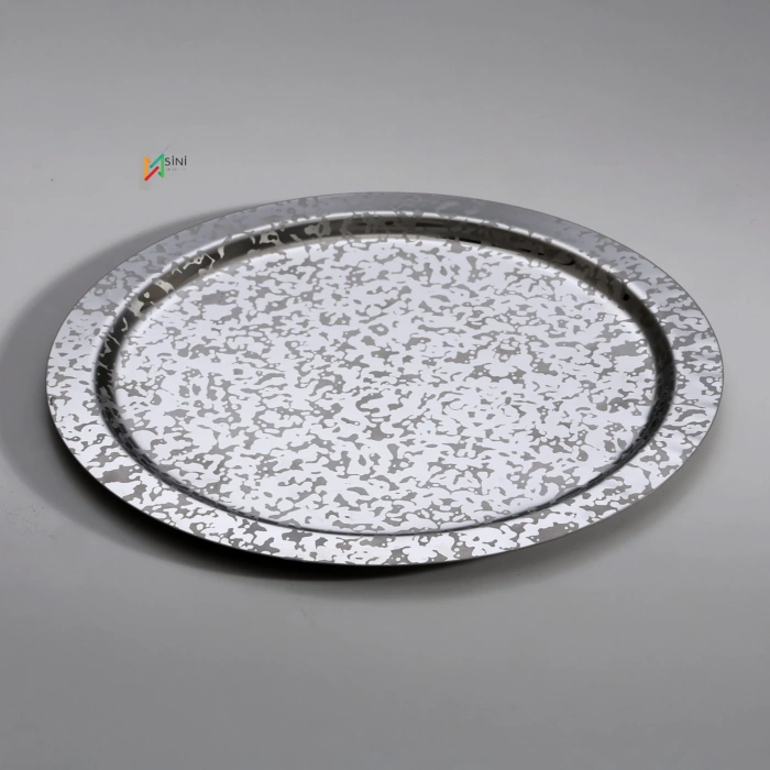 Paslanmaz Çelik 6 Adet Yuvarlak Desenli Gümüş AD-08 Sunum Servis Tepsisi