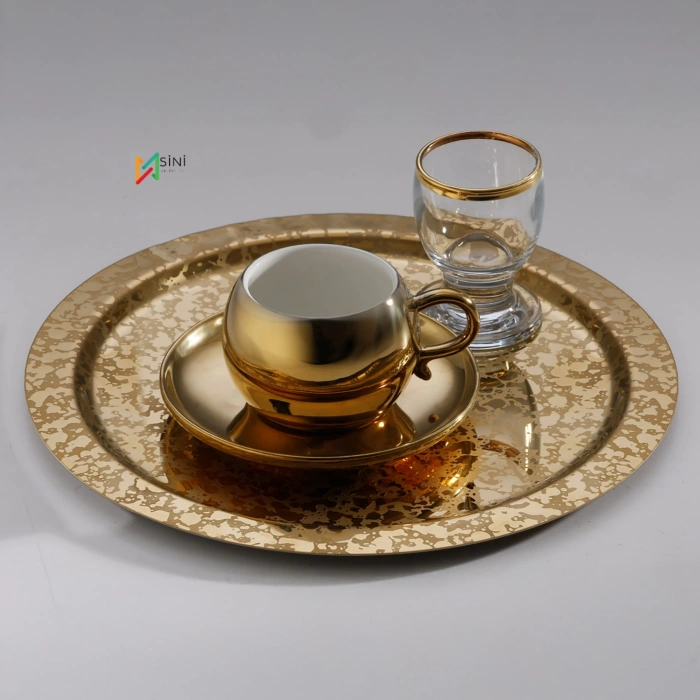Paslanmaz Çelik 6 Adet Yuvarlak desenli Gold AD-08 Sunum Servis Tepsisi