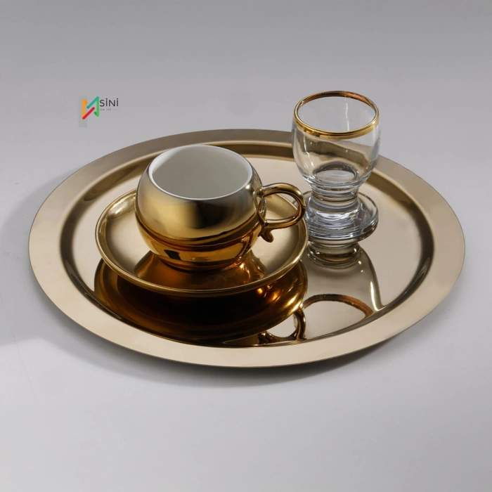 Paslanmaz Çelik 6 Adet Yuvarlak Gold Sunum Servis Tepsisi