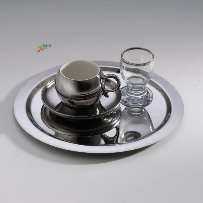 Paslanmaz Çelik 6 Adet Yuvarlak Gümüş Sunum Servis Tepsisi