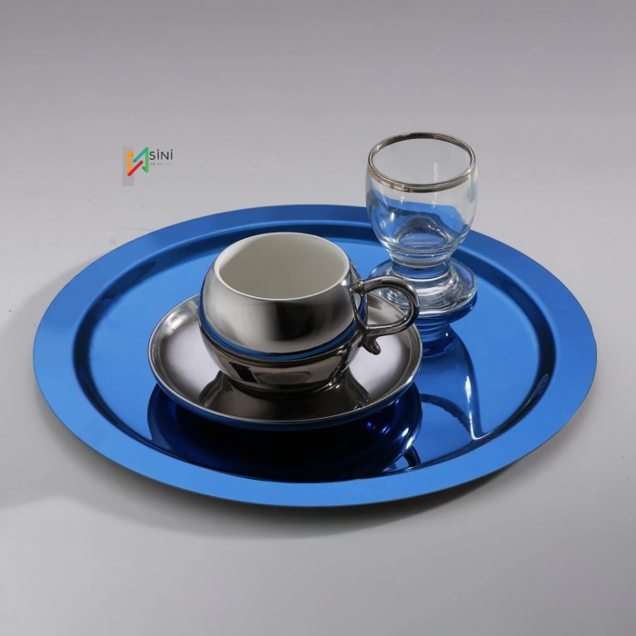 Paslanmaz Çelik 6 Adet Yuvarlak Mavi Sunum Servis Tepsisi