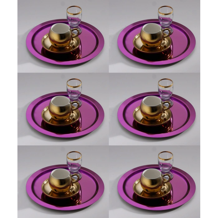 Paslanmaz Çelik 6 Adet Yuvarlak Pembe Sunum Servis Tepsisi