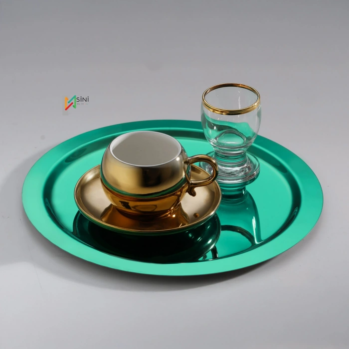 Paslanmaz Çelik 6 Adet Yuvarlak Yeşil Sunum Servis Tepsisi