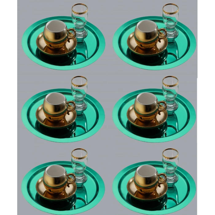 Paslanmaz Çelik 6 Adet Yuvarlak Yeşil Sunum Servis Tepsisi