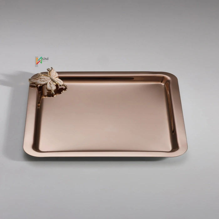 Rose Kelebek Aksesuarlı Paslanmaz Çelik 6 Adet kare Rose Sunum Servis Tepsisi