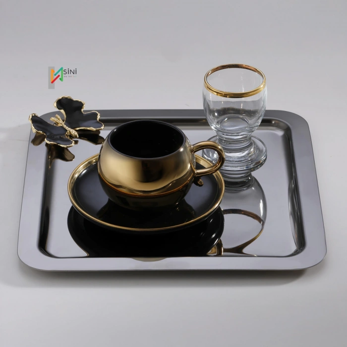 Siyah Kelebek Aksesuarlı Paslanmaz Çelik 6 Adet kare Siyah Sunum Servis Tepsisi