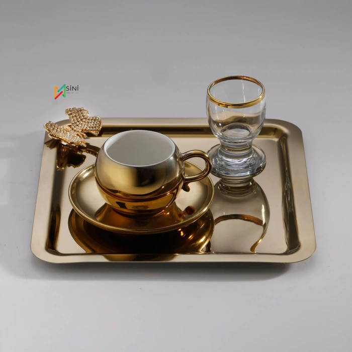 Taşlı Kelebek Aksesuarlı Paslanmaz Çelik 6 Adet Kare Gold Sunum Servis Tepsisi