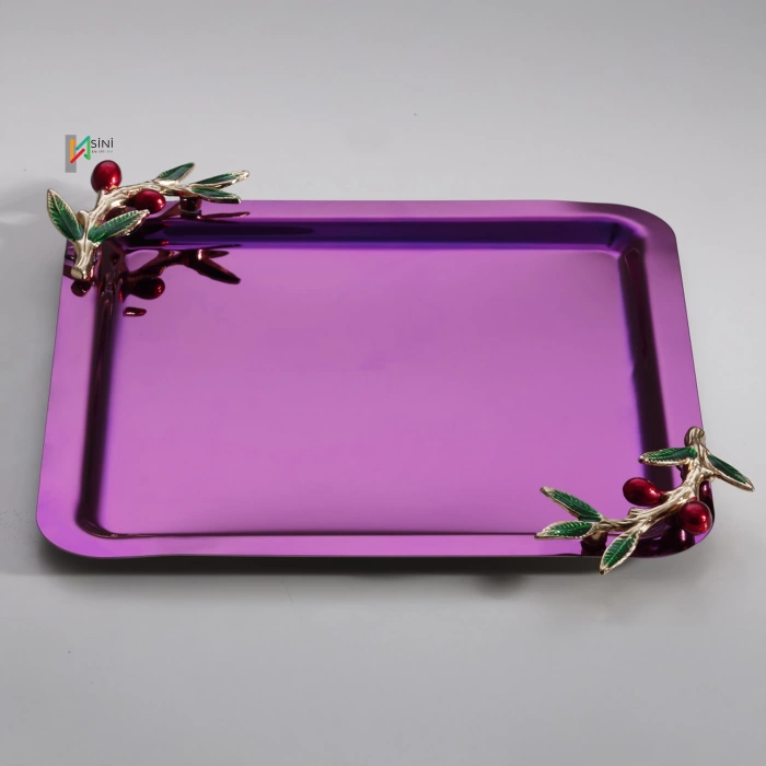 Zeytin Dalı Aksesuarlı Paslanmaz Çelik 6 Adet Kare Pembe Sunum Servis Tepsisi