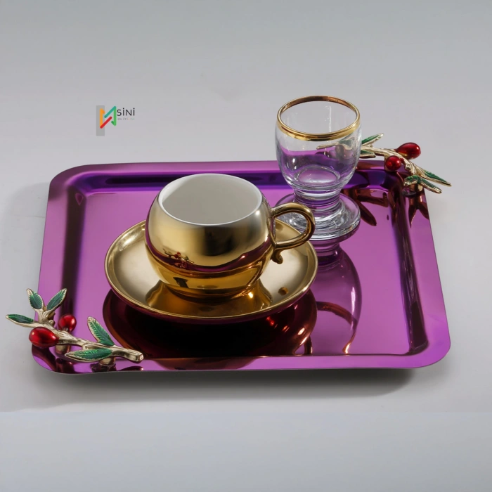 Zeytin Dalı Aksesuarlı Paslanmaz Çelik 6 Adet Kare Pembe Sunum Servis Tepsisi
