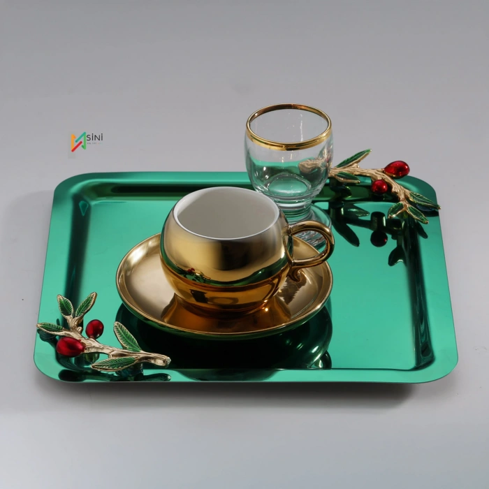Zeytin Dalı Aksesuarlı Paslanmaz Çelik 6 Adet Kare Yeşil Sunum Servis Tepsisi