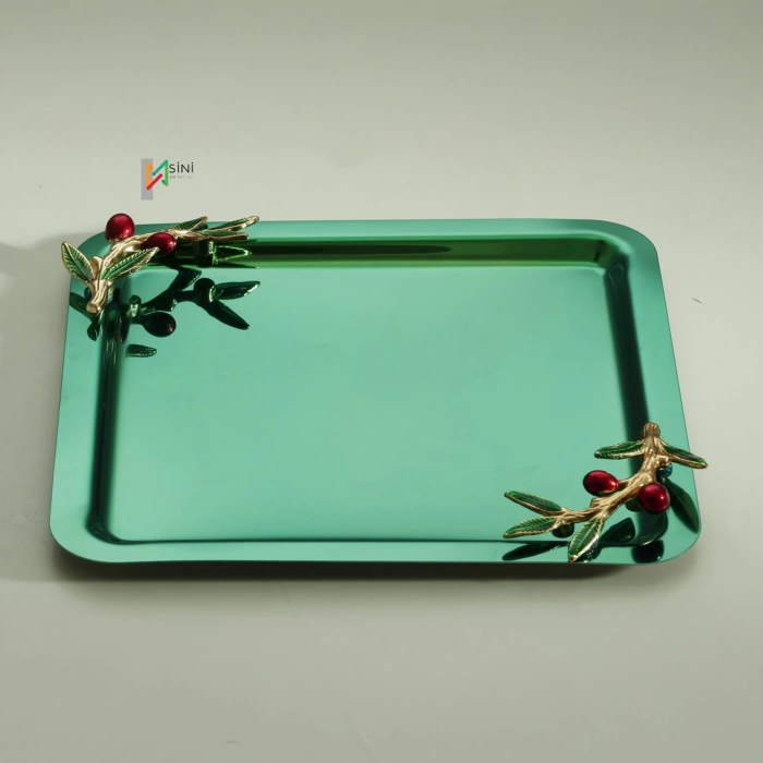 Zeytin Dalı Aksesuarlı Paslanmaz Çelik 6 Adet Kare Yeşil Sunum Servis Tepsisi