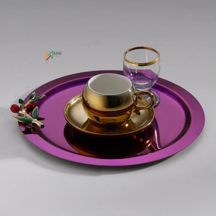 Zeytin Dalı Aksesuarlı Paslanmaz Çelik 6 Adet Yuvarlak Pembe Sunum Servis Tepsisi