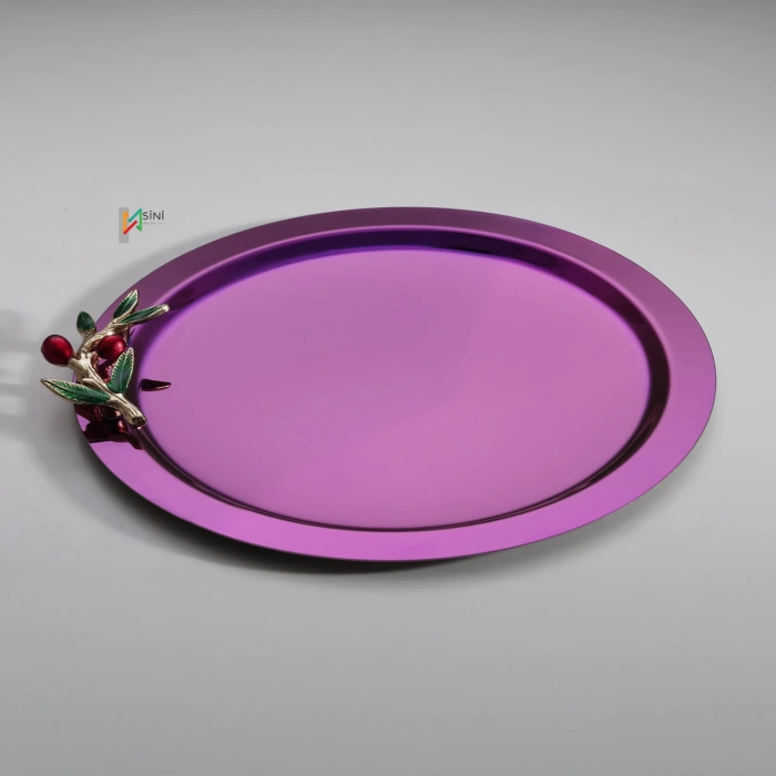 Zeytin Dalı Aksesuarlı Paslanmaz Çelik 6 Adet Yuvarlak Pembe Sunum Servis Tepsisi