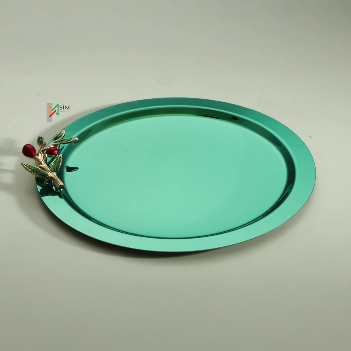 Zeytin Dalı Aksesuarlı Paslanmaz Çelik 6 Adet Yuvarlak Yeşil Sunum Servis Tepsisi