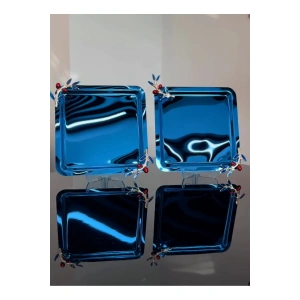 Zeytin Dalı Aksesuarlı Paslanmaz Çelik 2 Adet Kare Lüx Mavi, Kahve , Çay Sunum Servis Tepsisi