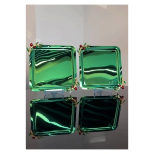 Zeytin Dalı Aksesuarlı Paslanmaz Çelik 2 Adet Kare Lüx Yeşil Kahve, Çay Sunum Servis Tepsisi