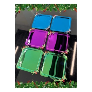 Zeytin Dal Aksesuarlı Paslanmaz Çelik 6 Adet Kare Lüx Renkli Kahve, Çay Sunum Servis Tepsisi