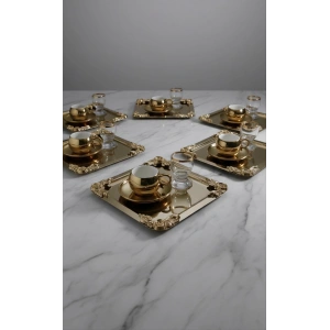 Köşe Tekli Gül Aksesuarlı Paslanmaz Çelik 6 Adet Kare Gold Sunum Servis Tepsisi