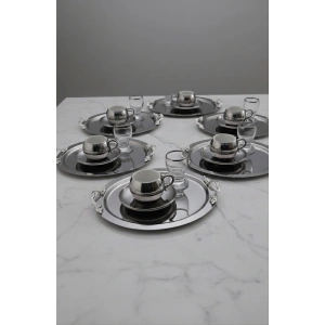 Kulp Aksesuarlı Paslanmaz Çelik 6 Adet Yuvarlak Gümüş Sunum Servis Tepsisi