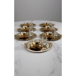 Kulp Aksesuarlı Paslanmaz Çelik 6 Adet Yuvarlak Gold Sunum Servis Tepsisi