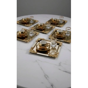 Köşe Üçlü Gül Aksesuarlı Paslanmaz Çelik 6 Adet Kare Gold Sunum Servis Tepsisi