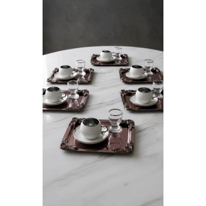 Köşe Tekli Gül Aksesuarlı Paslanmaz Çelik 6 Adet Kare Bakır Sunum Servis Tepsisi