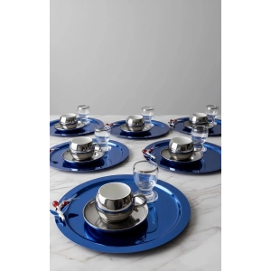 Zeytin Dalı Aksesuarlı Paslanmaz Çelik 6 Adet Yuvarlak Mavi Sunum Servis Tepsisi