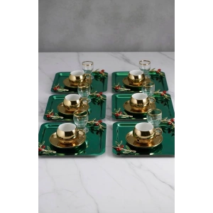 Zeytin Dalı Aksesuarlı Paslanmaz Çelik 6 Adet Kare Yeşil Sunum Servis Tepsisi