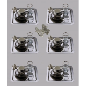 Taşlı Kelebek Aksesuarlı Paslanmaz Çelik 6 Adet Kare Gümüş Sunum Servis Tepsisi