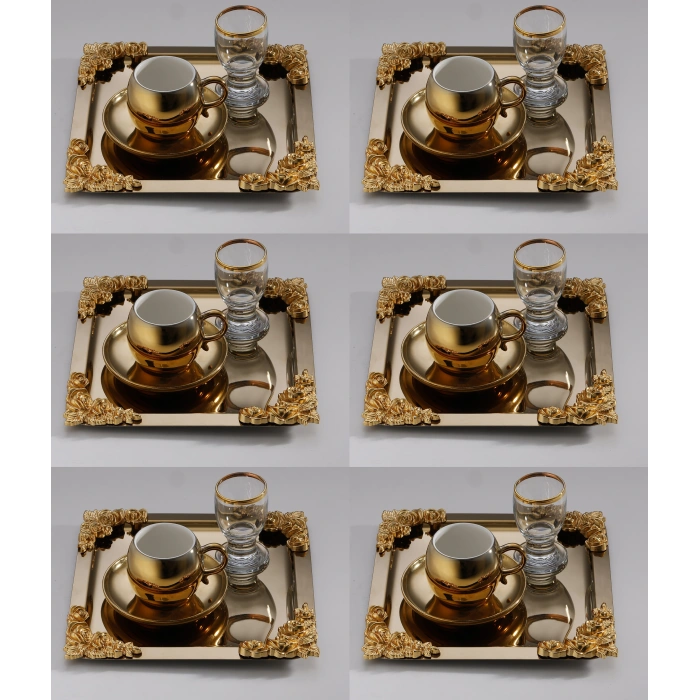 Köşe Üçlü Gül Aksesuarlı Paslanmaz Çelik 6 Adet Kare Gold Sunum Servis Tepsisi